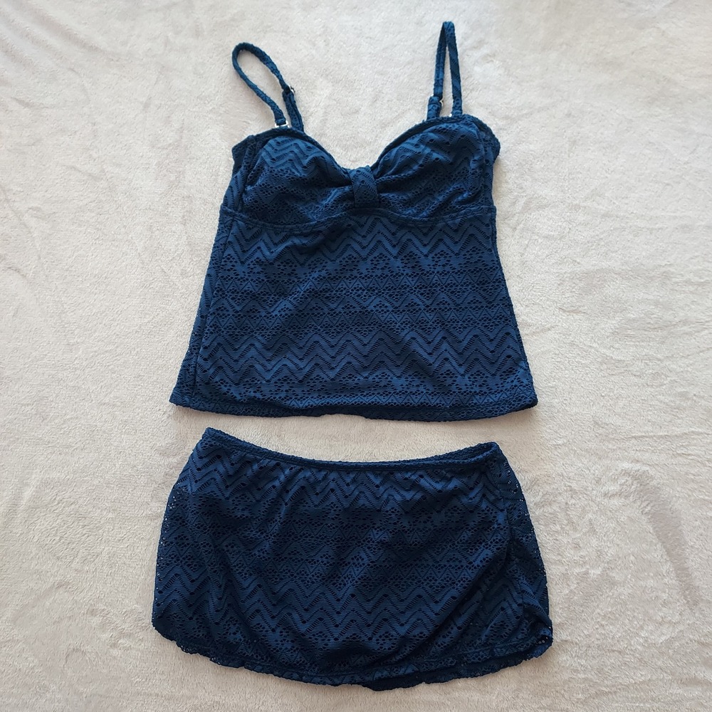 Crochet Lace Indigo Essence Chevron Lace Tankini Set Skirted Bottom Boho Beach S